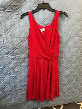 Sleeveless Red Glitter Faux-Wrap Midi Dress